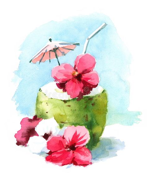 Coconut Drink, Summer Drawings, Tropical Painting, Summer Illustration, Cocktail Drink, Summer Painting, Beach Watercolor, Tropical Art, Art And Illustration