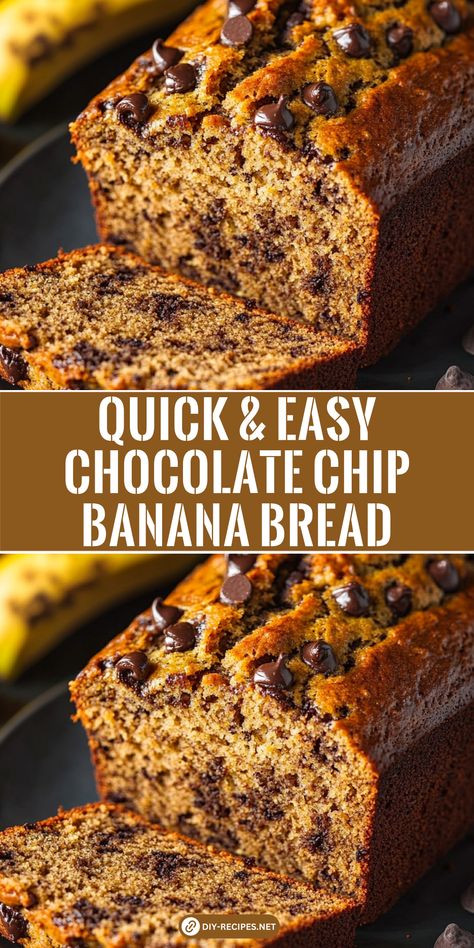 Try this quick and easy chocolate chip banana bread recipe! Moist, sweet, and packed with mini chocolate chips, perfect for a simple treat. Banana And Chocolate Chip Bread, 2 Bananas Banana Bread Chocolate Chips, Easy Bananna Bread, Easy Banana Bread Recipe Chocolate Chips, Chocolate Banana Cake Recipe Easy, Moist Chocolate Chip Banana Bread, Best Chocolate Chip Banana Bread, Easy Banana Chocolate Chip Bread, Banana Chocolate Chip Bread Recipe