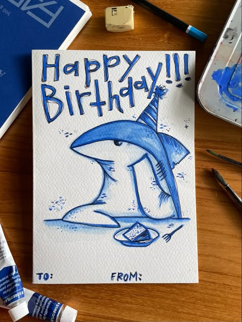 Shark Birthday Card Diy, Birthday Card Ideas Dog, Shark Christmas Card, Things To Draw For Someones Birthday, Shark Cards Handmade, Shark Birthday Cards, Drawing Card Ideas, Shark Presents, Shark Gift Ideas