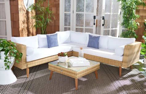 George Oliver Chicago Outdoor 4 Piece Sectional Seating Group with Cushions | Wayfair Safavieh Furniture, Corner Piece, Wicker Sectional, Patio Sectional, Deck Furniture, White Cushions, Conversation Set Patio, Outdoor Sectional, Outdoor Sectional Sofa