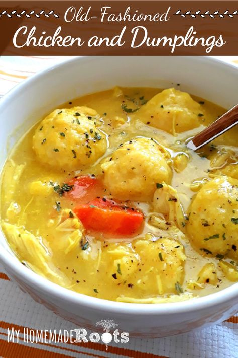 This recipe for Old-Fashioned Chicken Dumplings is a family favorite. Tender chunks of chicken and light and fluffy dumplings float in a rich, homemade chicken broth. Chicken Stew And Dumplings, Kung Pao Chicken Recipe, Chicken And Dumplings Recipe, Stew And Dumplings, Homemade Chicken And Dumplings, Dumplings Recipe, Dumpling Recipe, Chicken Stew, Crockpot Recipes Slow Cooker