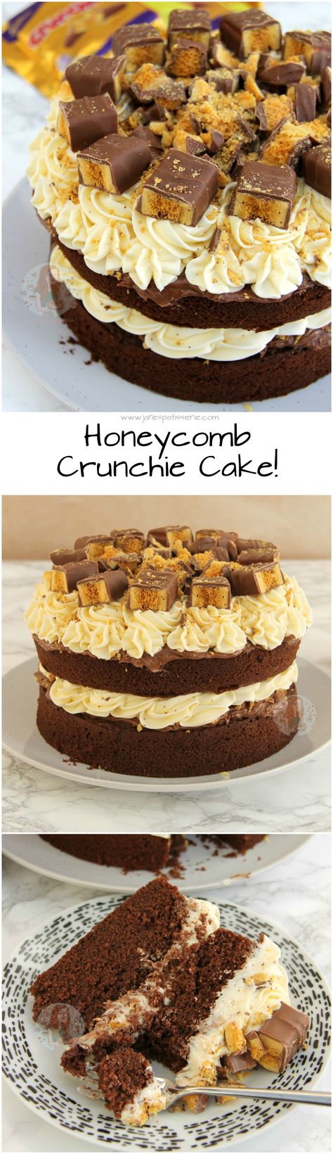 Honeycomb Crunchie Cake!! ❤️ Chocolate Sponge, Crunchie Spread, Honey Buttercream Frosting & Crunchies! Crunchie Cake, Honey Buttercream Frosting, Crunchy Cake, Honey Buttercream, Bachelorette Cake, Icing Recipes, Desserts Ideas, Cupcakes Recipes, Cupcake Recipes Chocolate