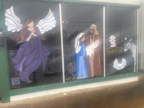 Angel and nativity Christmas painted window Nativity Window Painting, Store Front Windows, Front Windows, Christmas Window, Nativity Scene, Christmas Nativity, Window Painting, Window Art, Nativity