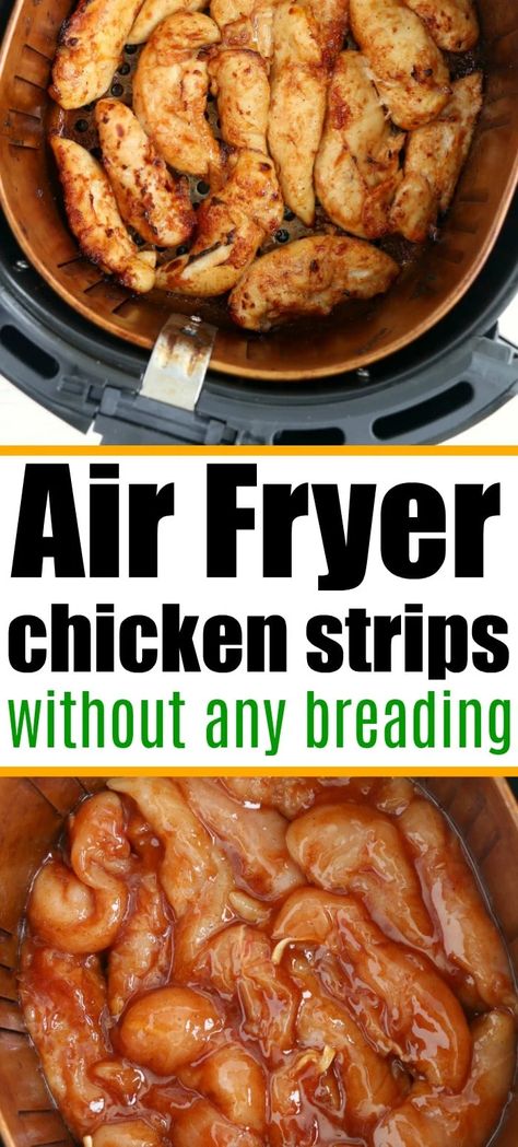 easy tender air fryer chicken tenders no breading recipe is my kids' favorite meal! Barbecue strips of chicken breast cooked to perfection in no time. #airfryer #airfryerchicken #chickentenders Healthy Air Fryer Chicken, Air Fryer Chicken Tenders, Healthy Air Fryer, Healty Dinner, Air Fryer Oven Recipes, Chicken Thigh Recipes Crockpot, Air Fryer Recipes Chicken, Chicken Tender Recipes, Air Fryer Dinner Recipes