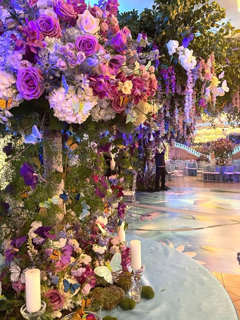 Quince Decorations Flowers And Butterflies, Purple Enchanted Forest Debut Theme, Floral Forest Theme Debut, Leaf Seating Cards, Purple Butterfly Venue Quince, Debut Venue Design Purple, Royalty Theme, Enchanted Forest Quinceanera Theme, Tantawan Bloom