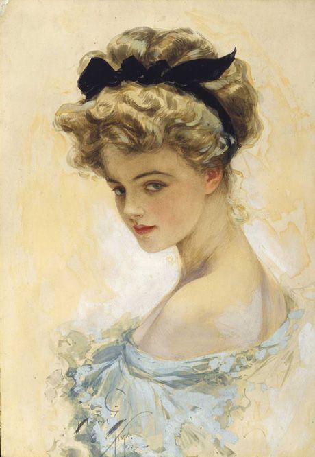 'Her Eyes Were Made to Worship' 1908, gouache & watercolor on board, 17"x12", signed and dated lower left; Saturday Evening Post, October 10, 1908 cover; American Beauties by Harrison Fisher, Bobbs-Merrill, 1909 cover and p87;  The Little Gift Book, by Harrison Fisher, Charles Scribner's Sons, 1913, #22 Rolf Armstrong, Harrison Fisher, American Illustration, Gibson Girl, American Beauty, Vintage Printables, Vintage Ephemera, Vintage Pictures, Vintage Beauty