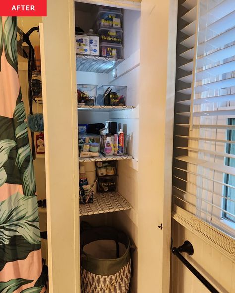 Linen Closet In Bathroom, Closet In Bathroom, Bathroom Linen Closet, Pro Organizer, Pink Shower Curtain, Pink Shower Curtains, Stackable Storage Bins, Out Of The Closet, Martha Stewart Living