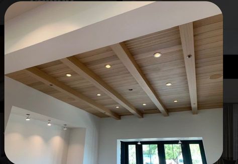 White Lake House Interiors, Wood Beam And Plank Ceiling, Tray Ceiling Treatments, Shiplap Ceiling Vaulted With Beams, Wooden Plank Ceiling, Planked Ceiling With Beams, White Oak Ceiling Planks, Ceiling Planks Ideas, Wood Ceiling Ideas Modern