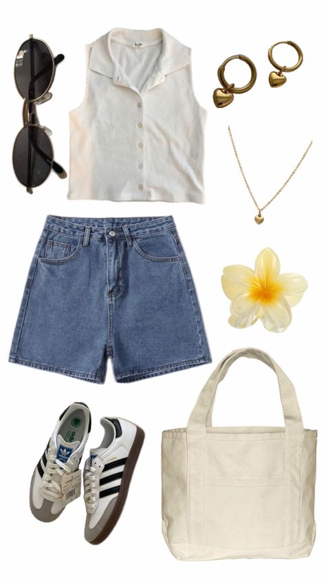 White sleeveless button up top, jean shorts, 90’s round sunglasses, black and white adidas, plain off white tote bag, yellow and white ombre flower claw clip, cold necklace with heart charm, gold goop earrings with heart charms, Summer Aesthetic Outfit 2024, Summer Vintage Aesthetic Outfits, Summer Cinema Outfit, Collage Summer Outfits, Realistic Summer Outfits, Fashion Inspo Outfits 2024 Spring, Outfit Inspo Aesthetic Casual Summer, Summer Campus Outfits, Summer Core Outfits