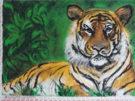 Tiger Rangoli Design, Tiger Rangoli, Animal Rangoli, Realistic Rangoli, Rangoli Free Hand, 3d Rangoli, Rangoli Designs For Competition, Poster Rangoli, Free Hand Designs