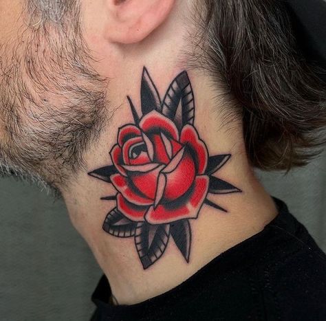 Rose Neck Tattoo Woman, Neck Tattoo Woman, Traditional Tattoo Neck, American Traditional Rose, Rose Neck Tattoo, Flower Neck Tattoo, Old School Rose, Cute Halloween Tattoos, Old School Tattoos