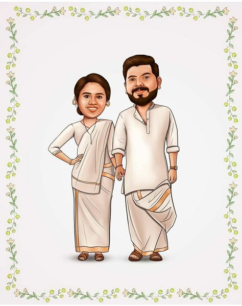 Kerala Traditional Marriage Dress Kerala Wedding Cartoon, Kerala Traditional Dress Illustration, Couple Wedding Cartoon Without Face, Kerala Couple Cartoon, Wedding Ring Cartoon, Caricature Templates, Traditional Marriage Dress, Caricature Photo, Love Quotes In Malayalam