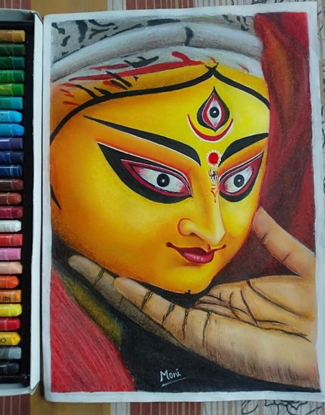 Ma Durga Drawing Oil Pastel, Durga Mata Face Drawing, Durga Maa Pictures Drawing, Durga Painting Artworks Pencil, Ma Durga Painting Easy, Durga Ma Drawings, Mata Ji Drawing, Durga Maa Paintings Face, Durga Maa Easy Drawing