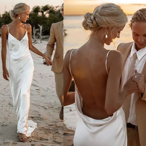 Beach Open Back Wedding Dress, Satin Wedding Dress With Low Back, Backless Slip Wedding Dress, Minimalist Beach Wedding Dresses, Boho Wedding Dress Open Back, Cream Beach Wedding Dress, Simple Wedding Dress Silk Satin, Deep V Satin Wedding Dress, Silk Wedding Dress Open Back