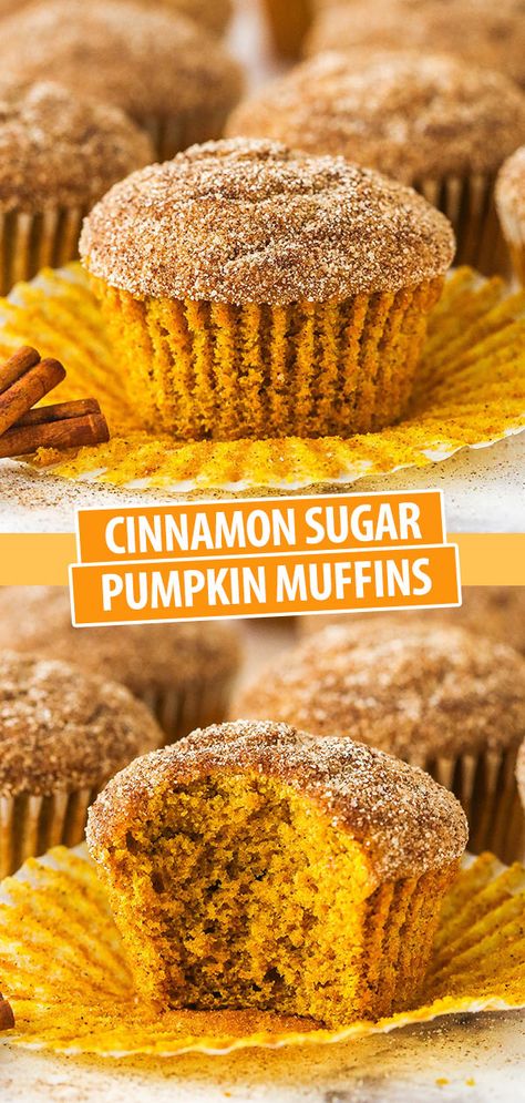 These Cinnamon Sugar Pumpkin Muffins are moist pumpkin muffins that are super easy to make and topped with cinnamon and sugar! #muffins #pumpkin #fallbaking Pumpkin Bread Cinnamon Sugar, Pumpkin Muffins With Pumpkin Pie Filling, Pumpkin Pie Filling Muffins, Moist Pumpkin Muffins, Life Love And Sugar, Muffins Pumpkin, Pumpkin Pancake, Pumpkin French Toast Casserole, Pumpkin Cravings