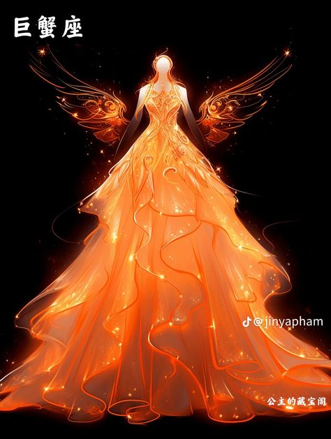 Flame Dress Drawing, Phoenix Hero Outfit, Dresses Inspired By Fire, Phoenix Dress Gowns, Fire Dress Drawing, Fire Goddess Costume, Fire Dress Gowns, Fire Inspired Dress, Orange Princess Dress