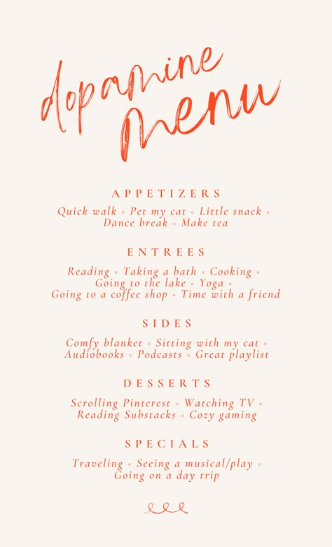 How To Use A Dopamine Menu To Get Through This Season How To Get Healthier, Dopamine Menu Ideas Journal, Dopamine Menu Ideas, Self Care Menu, Dopamine Aesthetic, Dopamine Design, Vie Motivation, Seasons Of Life, A Better Me