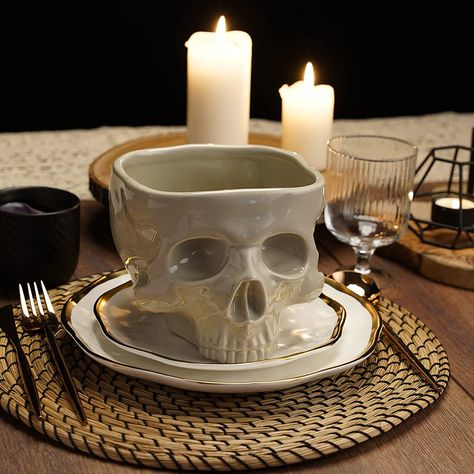 "Really lean into that creepy, scary, haunted vibe this year." Well well. what a glittering assemblage.. Perfect goth and alt home furnishings and decor 🕸️🕸️ #HalloweenForever Skull Bowl, Family Bar, Kitchen Christmas Gifts, Food Candy, Halloween Tableware, Skeleton Head, Food Ornaments, Halloween Kitchen, Ceramic Dinnerware