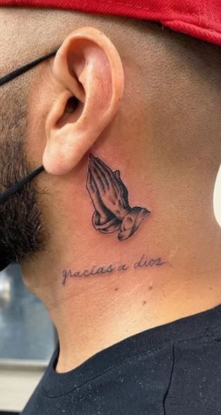 Christian Neck Tattoos For Men, Male Christian Tattoos, Men Christian Tattoos, Success Tattoo Ideas, Religious Neck Tattoo, Small Religious Tattoos, Amen Tattoo, Small Christian Tattoos For Men, Tattoo Christian