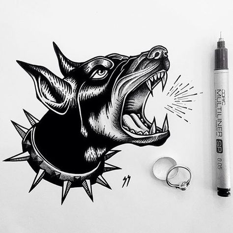 This friendly dog is still available to get inked. DM @siobhan_stone for bookings before it's gone!    #blackworkers #blackwork #originaldesign #customtattoos #blacktattoo #dobermantattoo #dobermanillustration #dogtattoo #absolutetattoo #siobhanstone #linework Cerberus Doberman Tattoo, 3 Headed Dog Tattoo Design, Cerberus Tattoo Traditional, Doberman Dog Tattoo Design, Cerberus Dog Tattoo, Doberman Tattoo, Icona Ios, Saved Tattoo, Animation Sketches