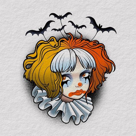 Schuyler Abrams on Instagram: “💛🧡🤍(Another) Candy Corn Clown 💛🧡🤍 Available to tattoo! #clowngirl #tattoo #availabletattoo #tattooflash #clowntattoo #halloween…” Clown Face Tattoo, Carnival Tattoo, Punk Tattoos, Candy Tattoo, Candy Drawing, Clown Tattoo, Buddha Tattoo, Clown Faces, Pin Up Tattoos