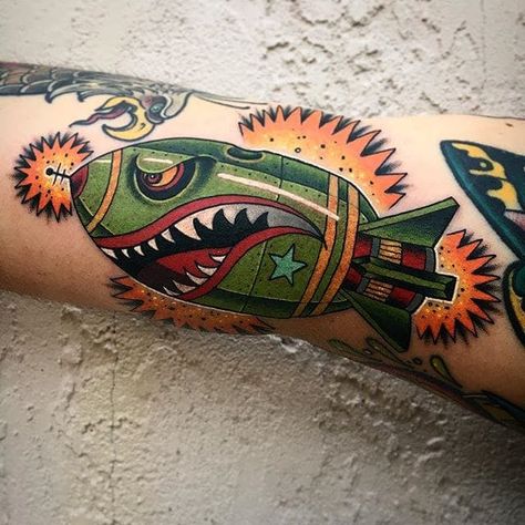 Bomb Tattoo by Zach Bowden #bomb #neotraditional #boldtraditional #brigthandbold #traditionalartist #ZachBowden Flash Art Tattoos, American Traditional Sleeve, Traditional Tattoo Man, Tattoo Wallpaper, Sanskrit Tattoo, Sailor Jerry Tattoos, Kunst Tattoos, Military Tattoos, Traditional Tattoo Sleeve