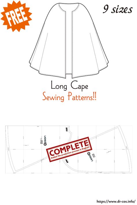 This is the pattern of Long Cape. inch size(letter size) Children's-4,8,10/Ladies'-S,M,L,LL/Men's-L,LL cm size(A4 size) Children's-100,120,140/Ladies'-S,M,L,LL/Men's-L,LL Added the number of fabric meters required for each size ❤️The production process is now uploaded to the site. Irish Walking Cape Pattern, Free Cloak Pattern, Cloak Sewing Pattern Free, Cloak Sewing Pattern, Cape Pattern Free, Mood Patterns, Frozen Jr, Cloak Pattern, Baby Sewing Patterns Free