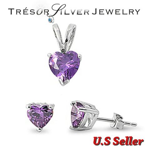 heart purple amethyst cz stone stud earring pendant 925 silver set womens  #StudEarringPendantSet Heart Purple, Sterling Silver Heart Pendant, Pendant Earring, Stone Studs, Amethyst Purple, Silver Plated Jewelry, Sterling Silver Necklace Pendants, Sterling Silver Heart, Cz Stone