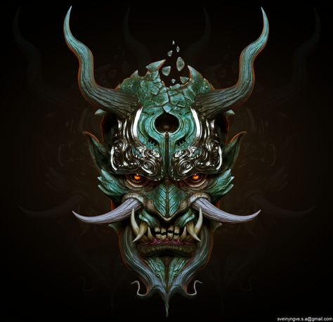 Oni Mask, Svein Yngve Sandvik Antonsen on ArtStation at https://www.artstation.com/artwork/rRAvyE Dragon Mask Tattoo, Japanese Dragon Mask, Kyoto Tattoo, Hannya Maske Tattoo, Hannya Maske, Mascara Oni, Oni Art, Oni Mask Tattoo, Ninja Samurai