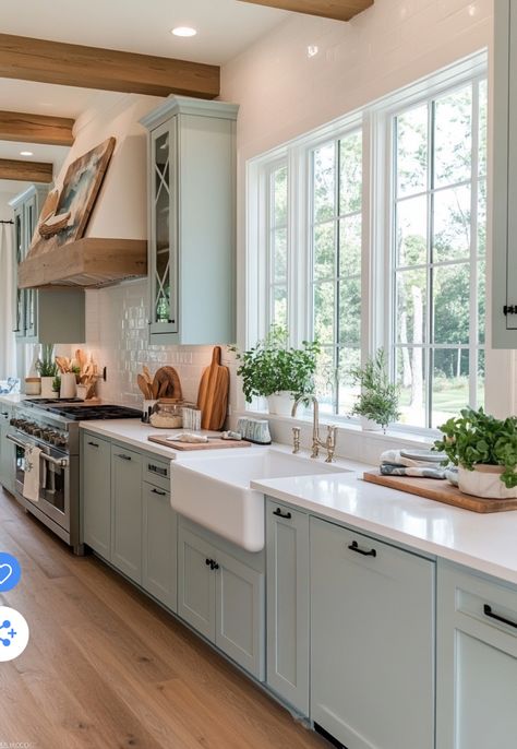 Blue Cottage Kitchen, Light Blue Kitchen Cabinets, New England Style Kitchen, Blue Kitchen Cabinet Ideas, Light Gray Countertops, Blue Kitchen Cabinet, Blue Green Kitchen, Kitchen Rehab, Grey Blue Kitchen