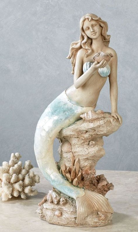 Mermaid Table, Moonlight Mermaid, Mermaid Sculpture, Table Sculpture, A Mermaid, A Rock, Powder Blue, Mermaid, Statue