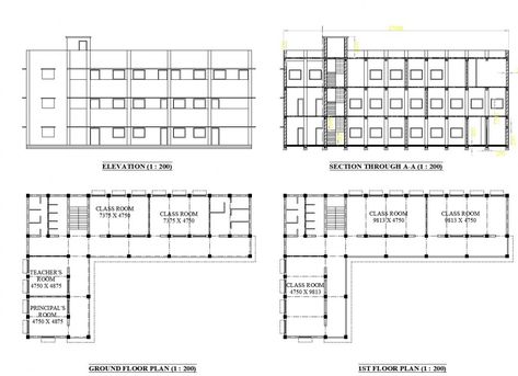 Plan, elevation and section school layout file School Layout Plan Architecture, School Floor Plan Architecture, School Layout Plan, School Plan Architecture, School Elevation Design, School Elevation, School Building Plans, Commercial Building Plans, School Layout