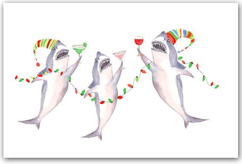 cocktail great white shark cards. watercolor sharks by ShirleyBell Painting Cocktail, Under The Sea Christmas, Shark Pics, Shark Lady, Shark Watercolor, Watercolor Christmas Cards Diy, Shark Christmas, Shark Painting, Christmas Cards Diy