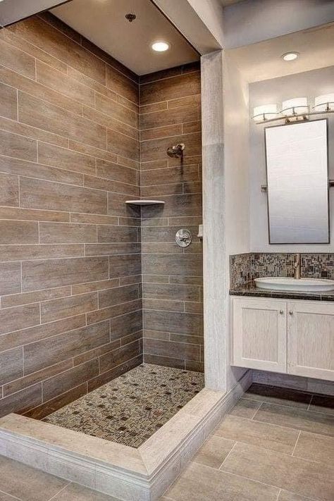 Beige Tile Bathroom, Houzz Bathroom, Wood Tile Shower, Makeover Kamar Mandi, Wood Tile Bathroom, Bilik Air, Bathroom Shower Design, Beige Bathroom, Brown Bathroom