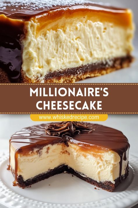 This Millionaire’s Cheesecake features a luscious caramel layer and rich chocolate ganache on top of a creamy cheesecake base with a shortbread crust. It's the dessert dreams are made of! Amazing Dessert Recipes Homemade, Millionaires Cake Recipe, Caramel Fudge Cheesecake, Best Creamy Cheesecake Recipe, Crunch Bar Cheesecake, What To Do With Cheesecake Filling, Water Bath Cheesecake Recipe, Cheesecake With Caramel Topping, Cast Iron Cheesecake