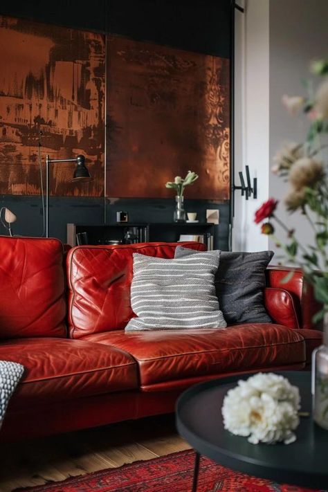 Red Leather Sofa Ideas for Chic Living Rooms Maroon Leather Couch, Red Leather Sofa Living Room Ideas, Dark Red Couch, Red Leather Sofa Living Room, Red Leather Couch Living Room, Leather Sofa Living Room Ideas, Red Couch Decor, Red Leather Couch, Leather Sofa Decor