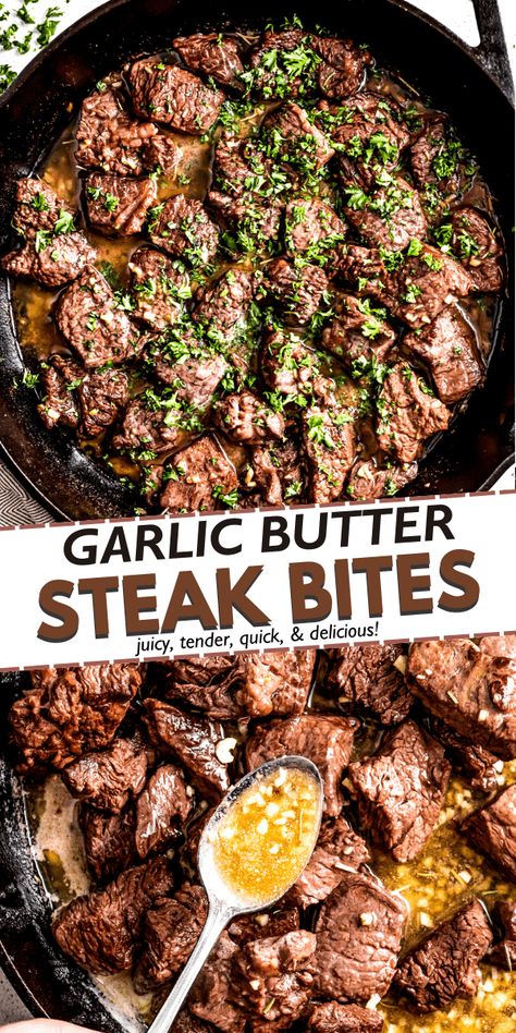 Garlic Butter Steak With Brussel Sprouts, Keto Beef Tips Recipes, Garlic Butter For Steak Easy, Easy Steak Bites With Garlic Butter, Unique Steak Dinner Ideas, Butter On Steak, Truffle Butter Steak, Good Fast Dinner Ideas, Steak Bites With Zip Sauce