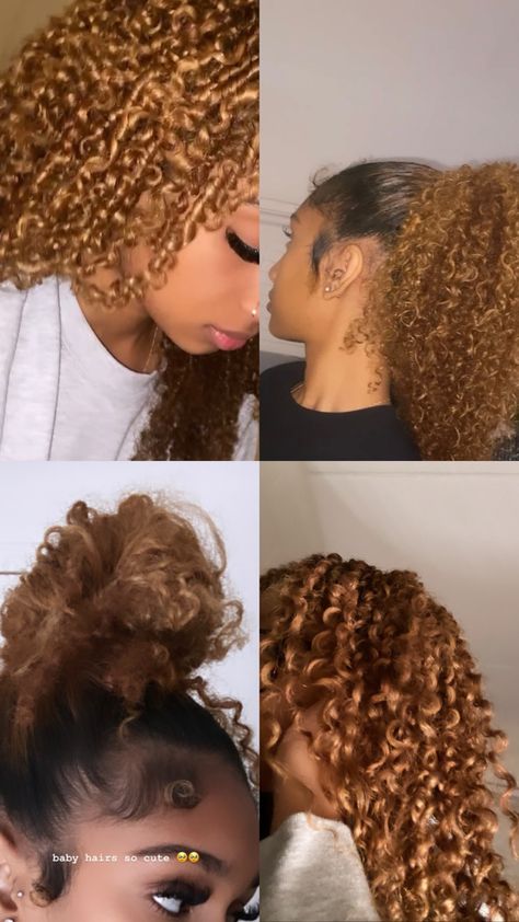 Hair Colour Ideas Curly, Black And Brown Dyed Hair, Light Brown Curly Hair Black Women, Hair Dye Ideas Brown, Honey Blonde Hair Curly, Honey Brown Hair Curly, Skunk Hair Curly, Honey Brown Curly Hair, Honey Brown Curls