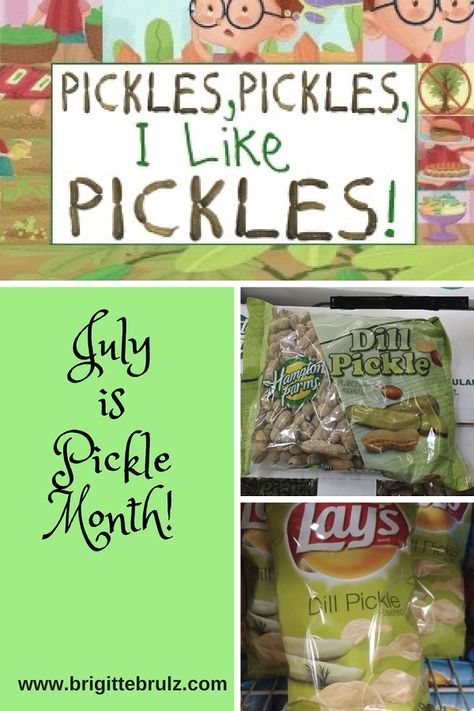 Celebrate National Pickle Month in July! Read Pickles, Pickles, I Like Pickles, make pickles, and eat pickle-flavored foods. Pickle Tasting Party, National Pickle Day Activities, Pickle Themed Birthday Party, Pickle Birthday Party, Pickle Festival, Pickle Birthday, National Pickle Day, Pickle Day, Pickles Funny