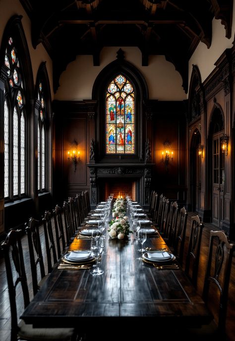 Dark Academia Decor Academia Dining Room, Cozy Dark Academia, Gothic Study, Neo Gothic, Academia Decor, Classical Mythology, Dark Academia Decor, History Professor, Dining Hall