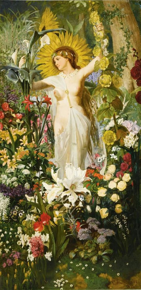 Valentine Walter Bromley (British painter and illustrator) 1848 - 1877 Flora, 1874 oil on canvas 183 x 92 cm. (72 x 36 in.) signed and dated l.r.: Valentine W Bromley/ 1874 private collection Flora Goddess, Roman Myth, Greek Goddess Art, Nature Goddess, Roman Gods, Rennaissance Art, Roman Goddess, Greek Mythology Art, Irish Art