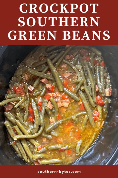 These Crock Pot Southern Green beans cook for hours and have so much flavor - they are a family favorite. They are the perfect easy side dish for any holiday menu. Fresh Green Bean Crockpot Recipes, Mississippi Green Beans Crock Pot, Crock Pot Green Beans, Slow Cooked Green Beans, Southern Green Bean Recipes, Beans Recipe Crockpot, Cracked Green Beans, Crockpot Green Beans, Southern Green Beans