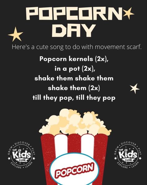 Writing Center Preschool, Movement Preschool, Cute Popcorn, Popcorn Day, Pizza Popcorn, Movement Songs, Toddler Board, Children Songs, Cool Experiments