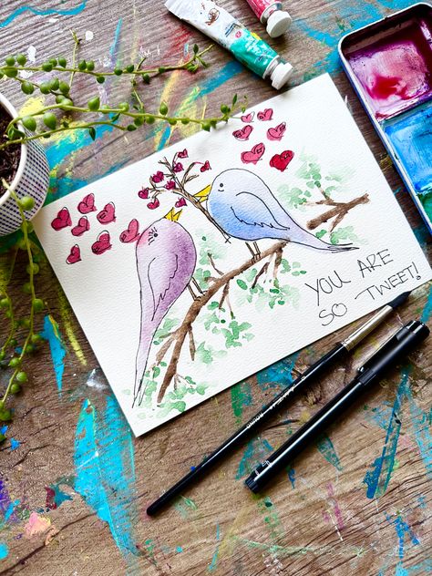 Valentine Birds, Birds In Watercolor, Painted Valentines, Cards With Watercolor, Homemade Watercolors, Cards Tutorial, Valentines Watercolor, Paint Easy, Happy Hearts Day