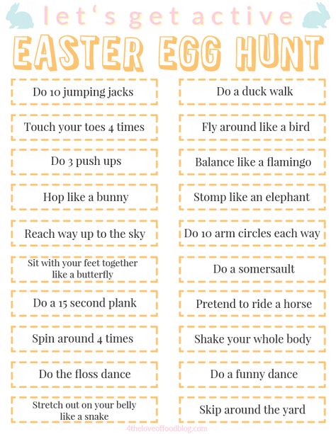 Do your kids need to burn some energy? Check out this free printable filled with Easter Egg Hunt activities to add to your eggs. Get out and have fun and be active this Easter! Easter Egg Letter Hunt, Easter Egg Hunt Checklist, Easter Bunny Hunt Ideas, Easter Challenges For Kids, Easter Bunny Came To The House Ideas, Easter Activities For Kids Classroom, Adult Egg Hunt Ideas, Outdoor Easter Activities, Indoor Easter Egg Hunt Ideas