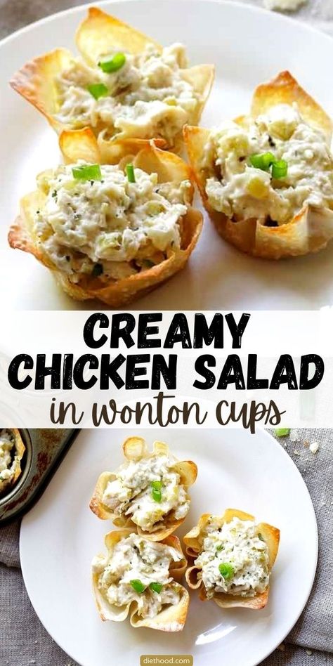 Chicken Salad Wonton Cups, Chicken Salad In Wonton Cups, Wonton Salad Cups, Chicken Cups, Chicken Wonton Cupcakes, Chicken Wonton Cups Appetizers, Mini Pasta Salad Cups, Chicken Salad Cups Appetizers, Baked Wonton Chips