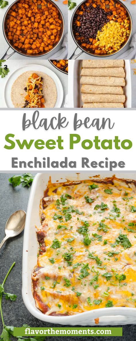 Black Bean Sweet Potato Enchiladas Recipe is so delicious and hearty. My family loves Mexican food, so I make it weekly. While my family loves taco night, I almost always prefer making enchiladas because I can make the components in advance and even assemble the entire meal ahead of time. Normally I serve my meat loving family chicken enchiladas or green enchiladas, but these Black Bean Sweet Potato Enchiladas prove that meatless meals can be extremely satisfying as well. Black Bean Sweet Potato Enchiladas, Sweet Potato Enchiladas, Potato Enchiladas, Black Bean Sweet Potato, Green Enchiladas, Sweet Potato Black Beans, Enchiladas Recipe, Health Dinner, Tasty Vegetarian Recipes