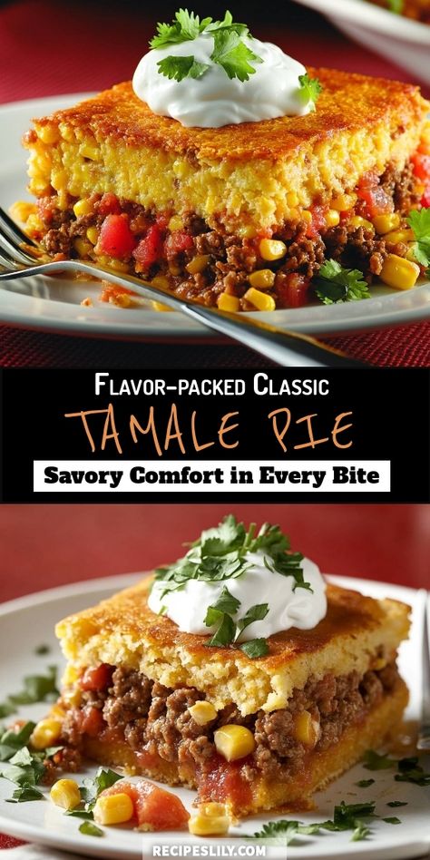 I can't get enough of this flavor-packed Tamale Pie! It's a cozy dish that combines a hearty beef filling with a fluffy cornbread topping. Each bite is bursting with savory goodness, making it the perfect meal for any occasion. Top it off with sour cream and fresh cilantro for an extra touch of flavor! Cornbread Tamale Pie Jiffy, Easy Tamale Pie Recipe, Crockpot Tamale Pie, Tamale Pork Filling, Hot Tamale Pie, Tamales Pie Recipe, Ground Beef Tamale Pie, Tamale Pie With Jiffy Cornbread, Ground Beef Tamales Recipe