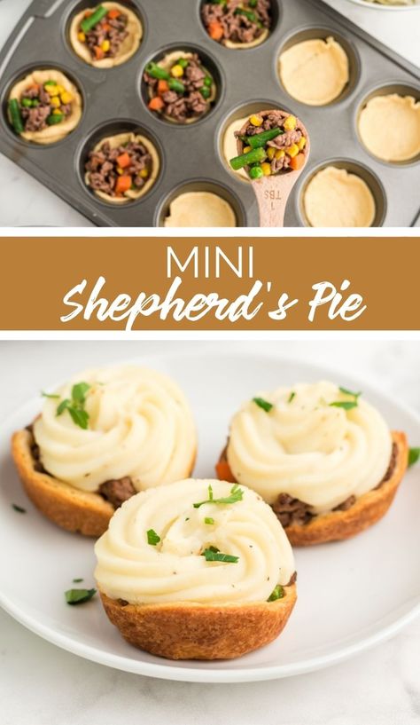 These Mini Shepherd’s Pies have a beautiful golden bottom crust, a delicious savory filling, and a lovely pillow of potato over the top. They’re a tasty treat for St. Paddy’s Day or any day you’re feeling a little Irish. via @familyfresh Shepherds Pie Cups, Mini Sheppards Pie, Mini Shepherds Pot Pies, Harry Potter Shepherds Pie, Shepherds Pie Appetizer, Mini Shepards Pie Muffins, Mini Pie Savory, Mini Beef Pot Pies Easy, Mini Cottage Pies