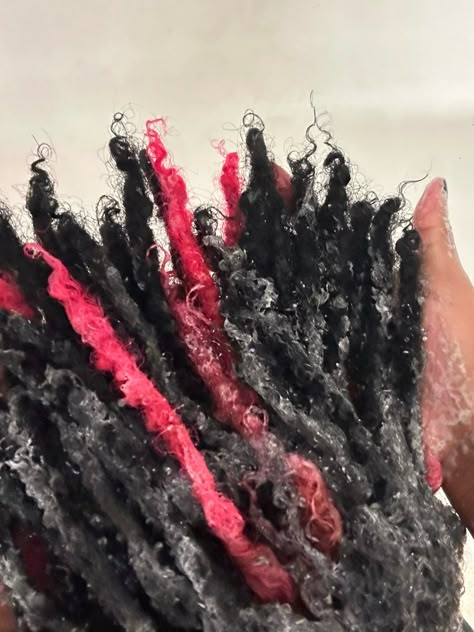 Pink And Black Dreads, Brown And Pink Locs, Pink And Black Locs, Two Tone Locs, Locs Pink, Brown To Pink Ombre, Locs Dyed, Pink Peekaboo Highlights, Dreadlock Ideas